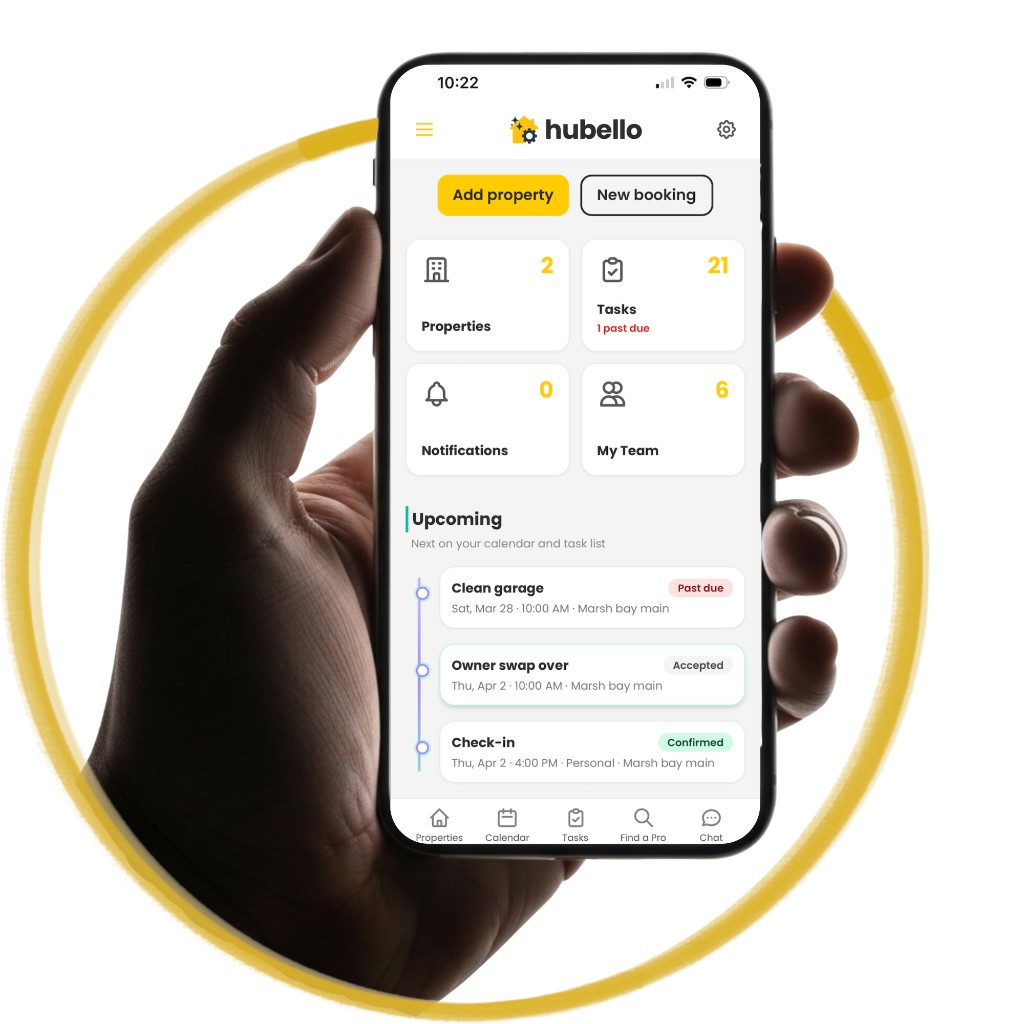 Hubello app on a phone: dashboard, tasks, calendars, and team tools.